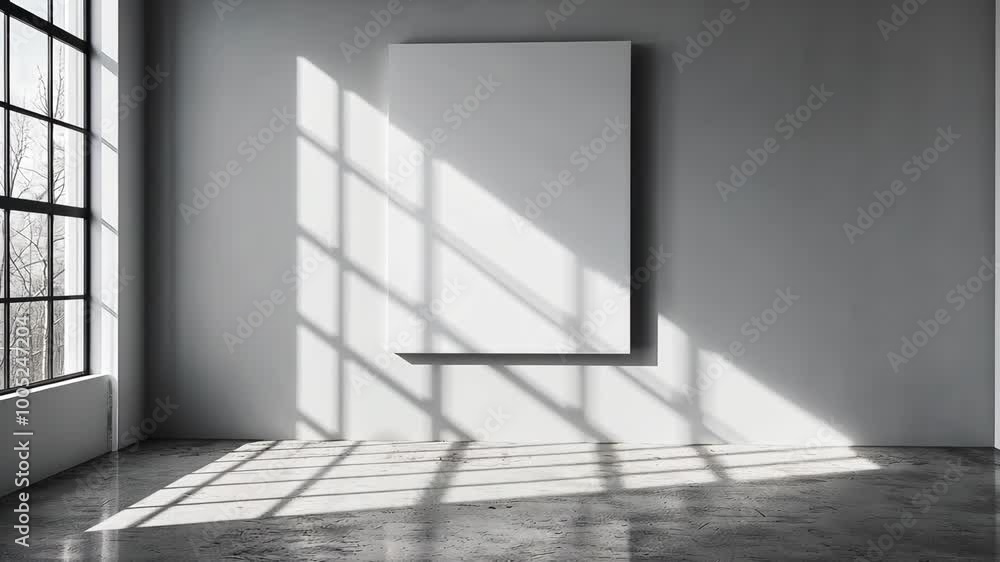 Poster sunlight streams through a window, casting shadows on the wall and floor of a minimalist room