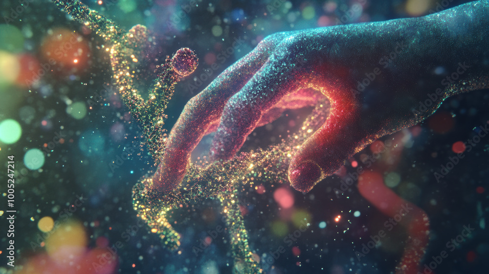 Poster hand manipulating virtual representation of dna, surrounded by colorful particles and dreamy atmosph