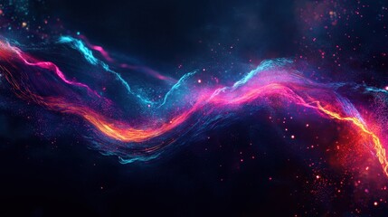 Obraz premium Abstract Neon Lights and Glowing Particles on Dark Blue Background.