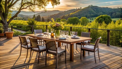 Outdoor dining set on a wooden deck in Napa Valley in spring, Napa Valley, California, USA, outdoor, table, chairs
