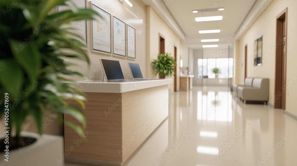 Poster modern office reception area with computer desks