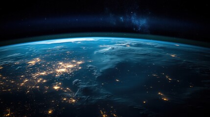 Obraz premium Earth from space, glowing with vibrant blue and green colors, its atmosphere faintly visible above the surface
