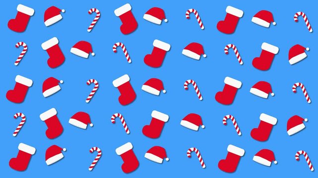 christmas animation with boots, hats and christmas candies, christmas background, merry christmas