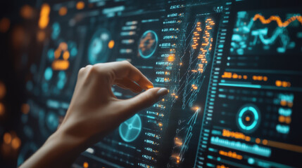 Fototapeta premium person adjusting virtual dashboard displaying data visualizations and analytics. futuristic interface features graphs, charts, and various metrics, creating engaging and high tech atmosphere