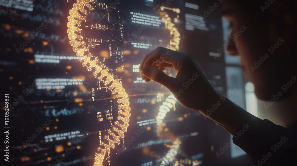 Poster person adjusting virtual interface displaying glowing dna strand and data analysis. scene conveys se