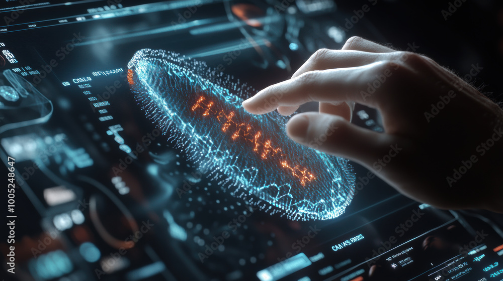 Poster person adjusting virtual interface displaying 3d holographic model, showcasing advanced technology a