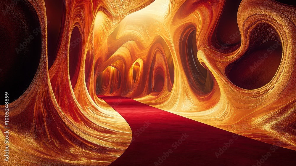 Poster abstract golden and red tunnel with red carpet - 3d render.