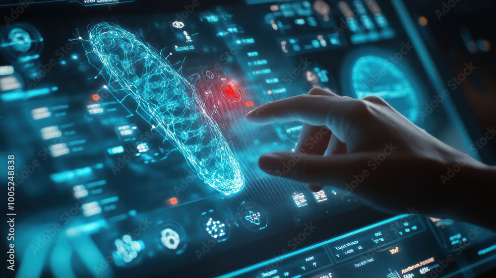 Poster person interacting with virtual control panel, showcasing advanced technology and digital interfaces