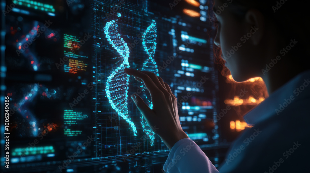 Poster person interacting with virtual control panel displaying digital dna structure, showcasing advanced 