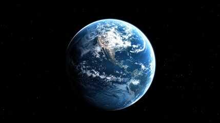 Obraz premium Earth blue oceans and continents seen from space, with the planet illuminated by sunlight against the darkness of the universe