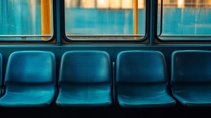 Empty bus seats inside an urban bus during sunset, highlighting the tranquil and serene atmosphere of public transportation.