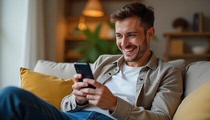 Fototapeta premium A happy, relaxed young man sitting on the couch and using his cell phone
