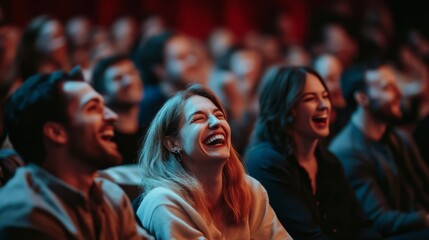 Engaged audience laughing and enjoying a live performance in a packed theater, capturing the joy and energy of the event.