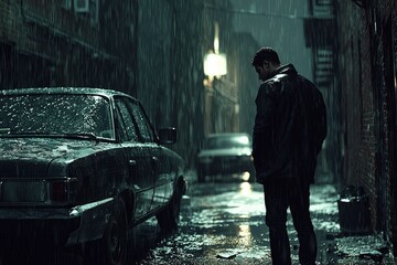 A Solitary Figure Stands in a Rain-Soaked Alleyway