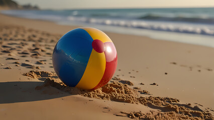 Obraz premium a colorful beach ball resting on soft, golden beach sand