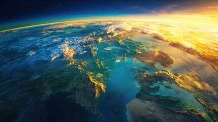 Earth continents seen from space, with vibrant colors of land, water, and clouds illuminated by the sunlight