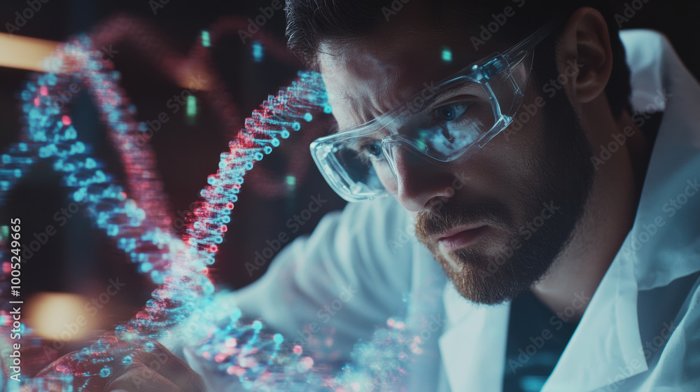 Poster scientist in lab coat is intently analyzing floating hologram of dna, showcasing advanced technology