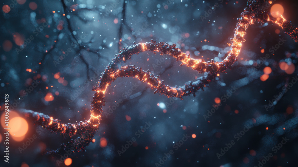 Poster virtual 3d dna strand is depicted, glowing and mutating in real time amidst mystical background fill