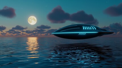 Obraz premium Sleek Black UFO with Neon Accents in 3D Design