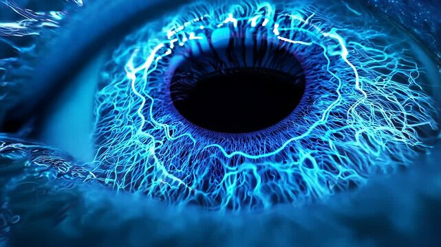 Close-Up Macro Shot of Illuminated Blue Human Eye with Abstract Details