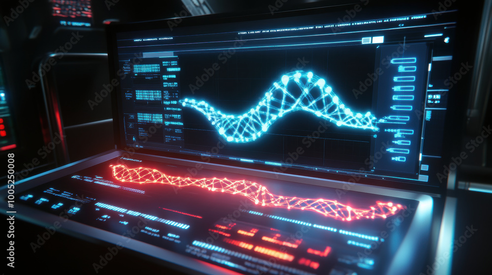 Poster virtual dashboard displaying live mutations of holographic data stream, showcasing vibrant blue and 
