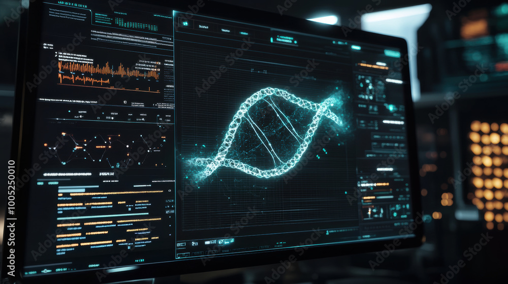 Poster virtual dashboard displaying live mutations of dna strand, showcasing advanced technology and data a