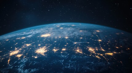 Earth night side seen from space, with glowing city lights and faint clouds covering the surface beneath the atmosphere