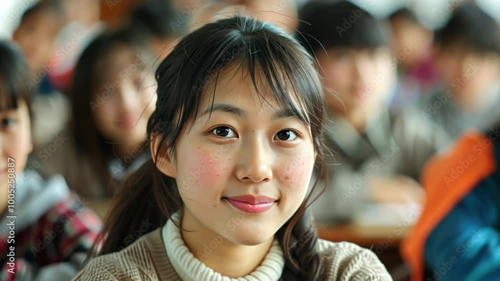Poster a young student smiles warmly while sitting at her desk, engaged in a classroom setting, surrounded 