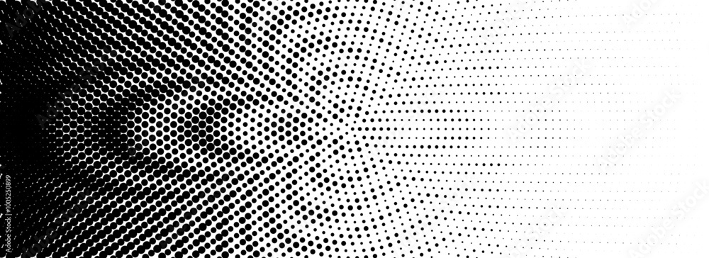 Poster Dotted halftone gradient texture. Fading wavy polka dot background. Dot curved circular pattern wallpaper. Black and white comic pop art overlay backdrop. Halftone raster wave moire effect. Vector