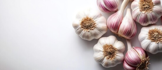 Close up of garlic cloves, a couple with pink stripes, on a white surface.