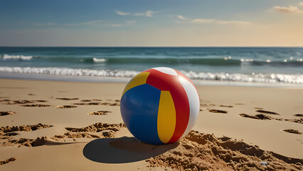 Obraz premium a colorful beach ball resting on soft, golden beach sand