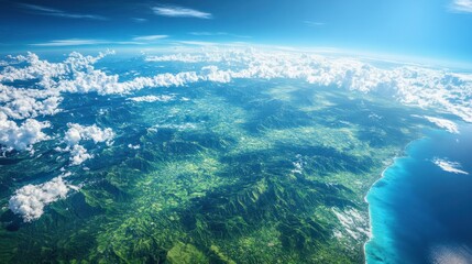 Earth surface showing vibrant green forests, blue seas, and white clouds, with mountain ranges visible from space