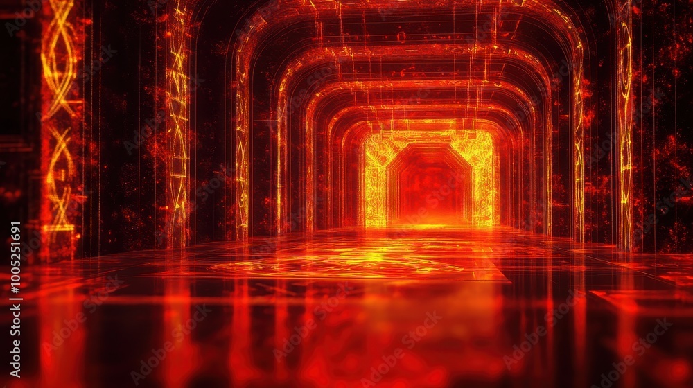 Poster abstract red and yellow digital tunnel with glowing lines and patterns.