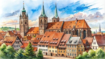 Obraz premium Street scene with St. Lorenz medieval church in Nuremberg, Bavaria, Germany, Sketch drawing