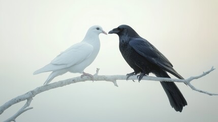 Fototapeta premium White Dove and Black Raven Perched on Branch, Symbol of Hope and Despair, Bird Photography.