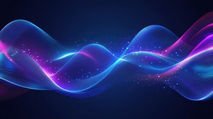 Abstract Blue and Pink Neon Light Wave with Glowing Particles Background.