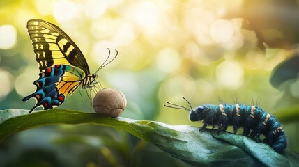 Butterfly and Caterpillar on Green Leaf with Sunlit Bokeh Background - Nature Photography