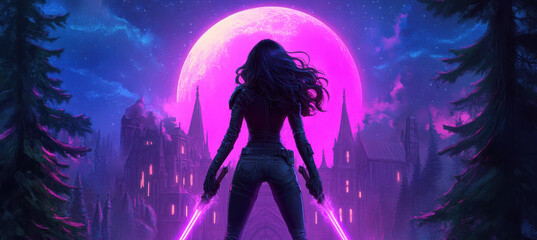A fierce vampire hunter in sleek leather stands ready with a magic saber as the full moon highlights the Gothic estate.