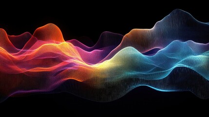 Abstract Wavy Digital Background - Colorful Glowing Network of Points and Lines on Black