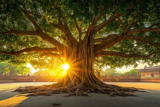 Ancient Banyan Tree with Sunlight Filtering Through Its Canopy