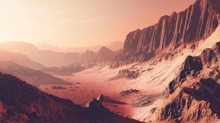 Naklejka premium Mars rugged landscape with rocky terrain, red sand dunes, and towering cliffs under the soft pink glow of the Martian sky