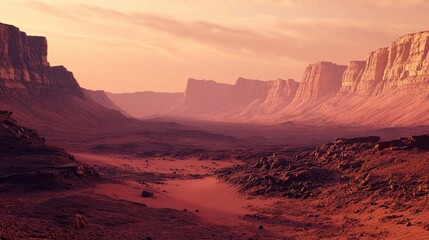 Fototapeta premium Mars rugged landscape with rocky terrain, red sand dunes, and towering cliffs under the soft pink glow of the Martian sky