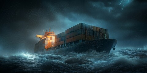 Large cargo ship navigating through a stormy sea at night, illuminated by eerie lightning and struggling waves, showcasing maritime power.