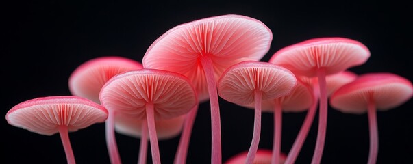 Pink mushrooms on a black background, nature close-up. Fungi and vibrant color concept