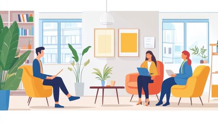 Modern office interior with people working and relaxing in a bright environment.