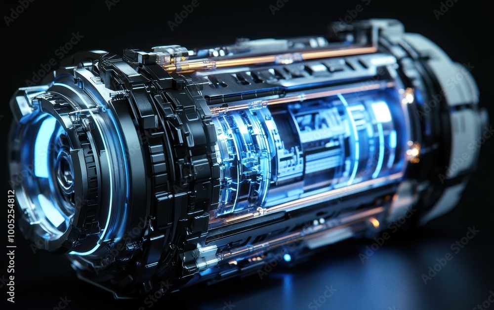 Poster futuristic glowing engine with internal mechanism close-up - 3d rendering.