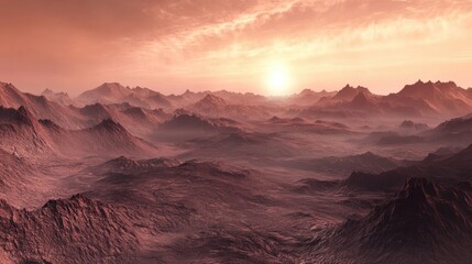Naklejka premium Mars surface with deep valleys and jagged rocks under a soft pinkish sky, illuminated by the faint glow of the distant Sun