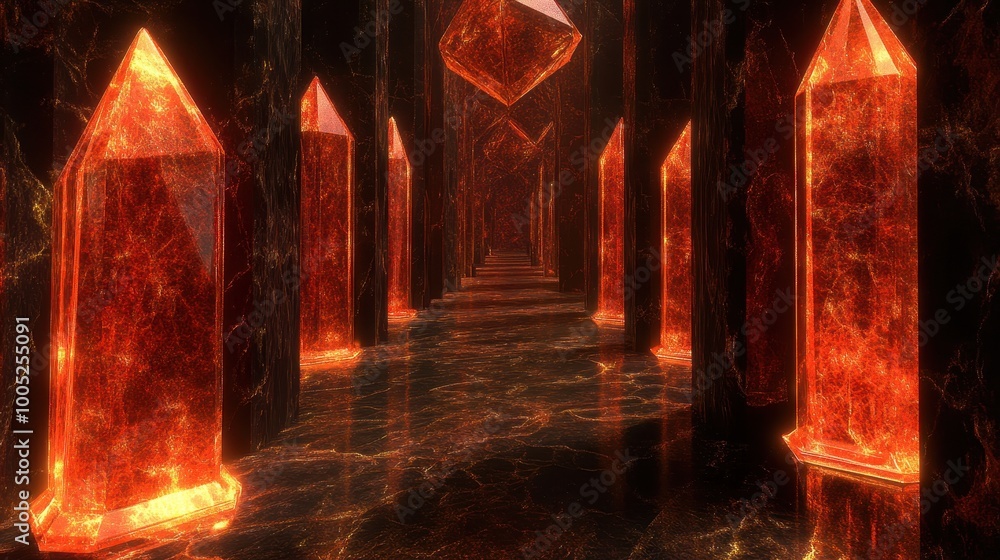 Poster glowing red crystal corridor with lava reflections - 3d rendering.