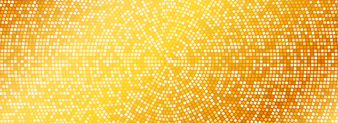 Radial gold disco party pattern. Golden square sequin mosaic texture background. Abstract yellow shining glitter halftone wallpaper. Pop up comic sparkling glitter backdrop. Vector