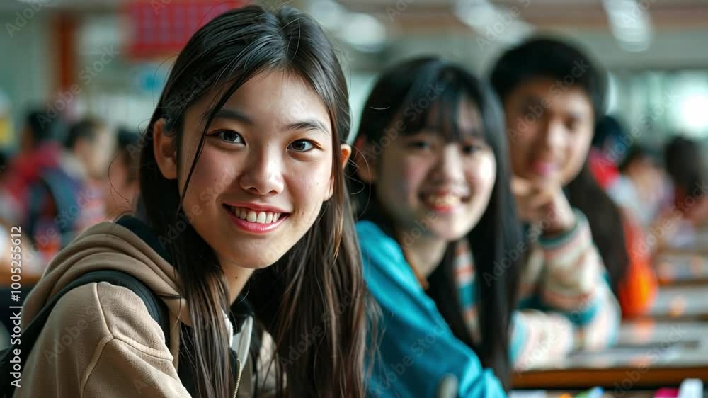 Poster A group of students enjoys a friendly moment at their desks, smiling and engaging in conversation while working on their studies in a lively classroom.